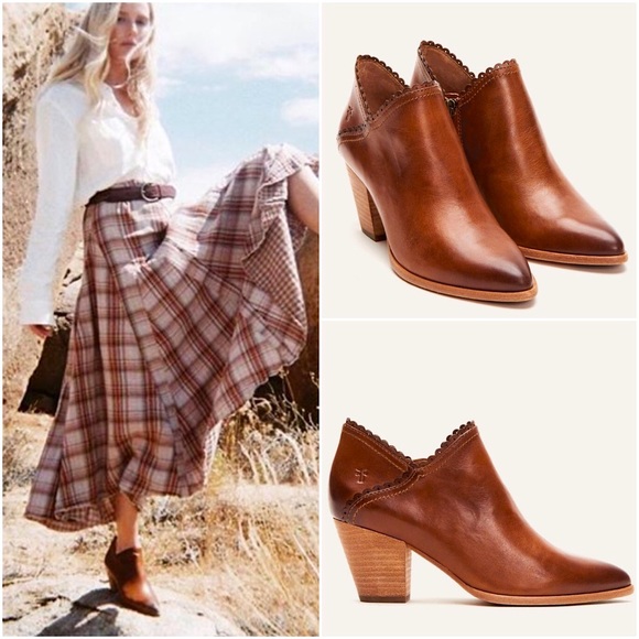Frye Shoes - Frye Reed Scallop Cognac Leather Heeled Ankle Boot